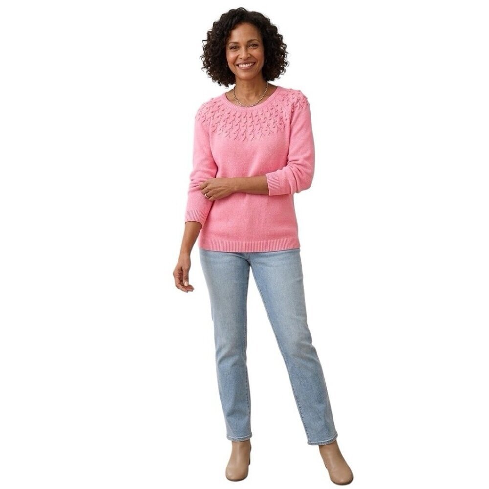 Talbots Sweater XL Pink 100% Cotton Textured Yoke Cable Knit Popcorn Bobble